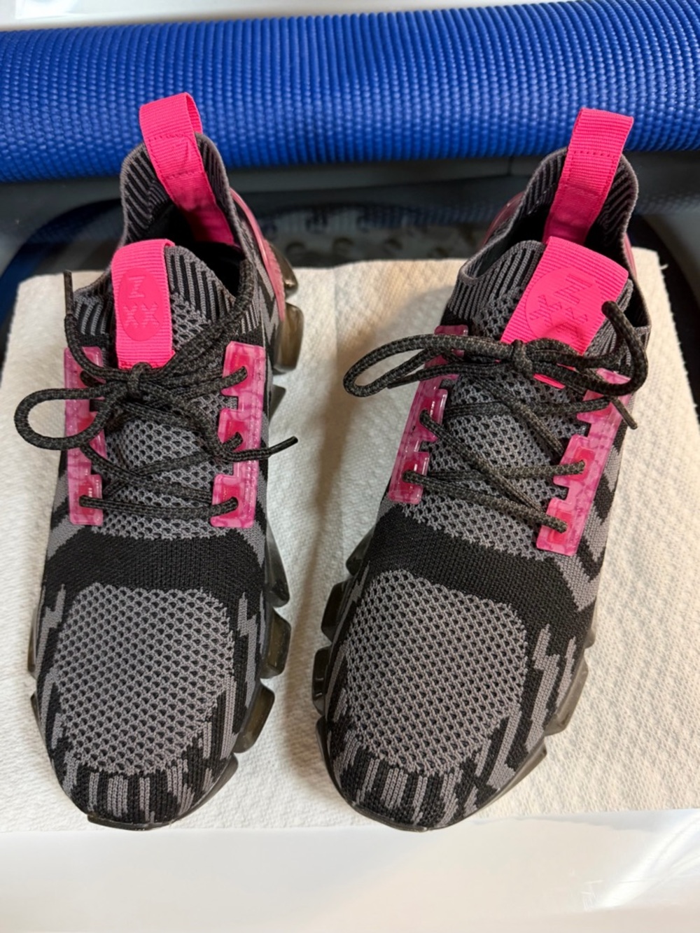 Black and Gray Knit Sneakers with Hot Pink Accents